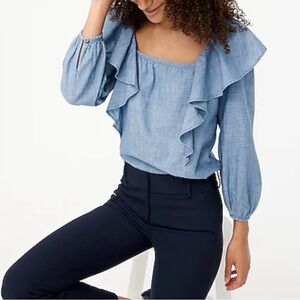 J. Crew Chambray Square Neck Ruffle Blouse